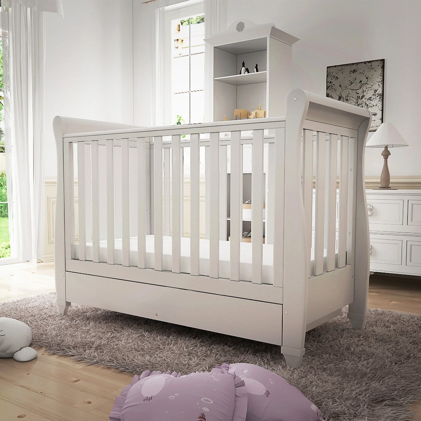 Babymore Eva Sleigh Drop Side Cot Bed – White