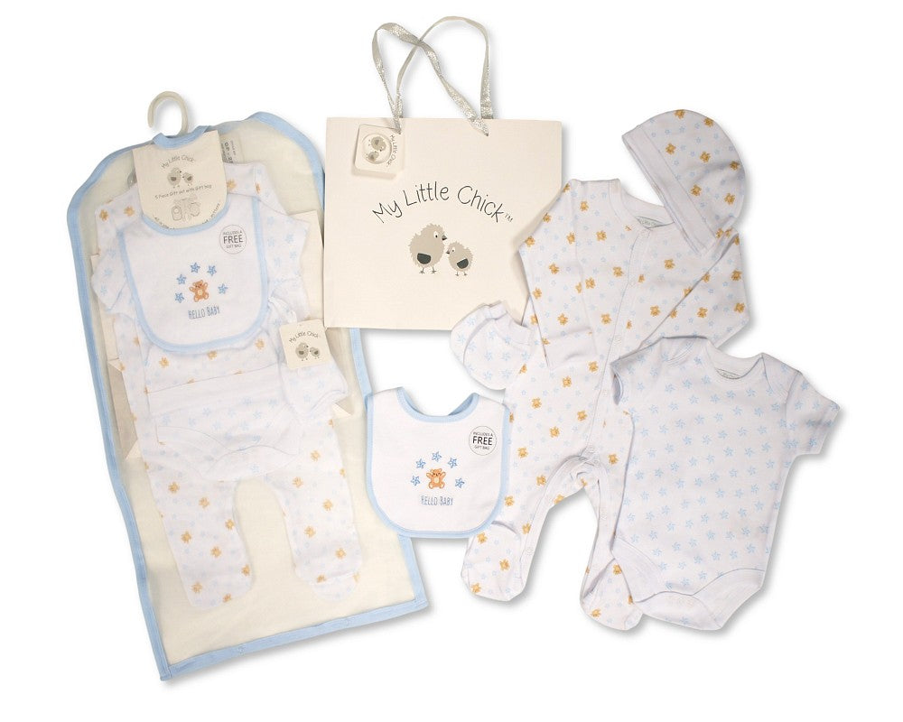 My Little Chick Baby Boys 5 pcs Gift Set with Paper Gift Bag - Hello Baby Blue