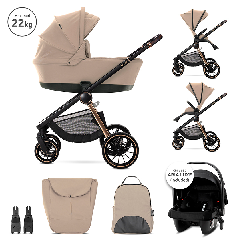 Lorelli Bianca 3in1 Travel System - Beige Warm Includes Aria Luxe Car Seat and Rain Cover