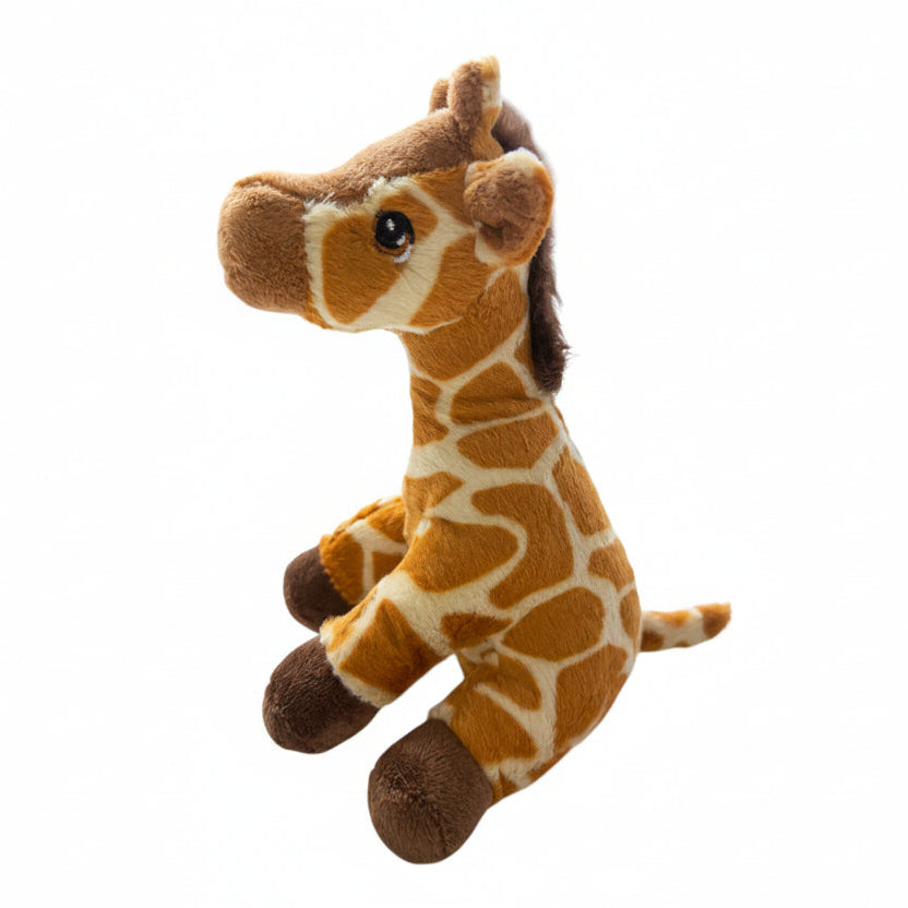 A plush toy giraffe with brown and cream patches, sitting on a plain white background.