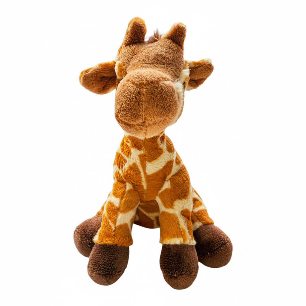 A plush giraffe toy with a brown and beige pattern, sitting against a plain white background.