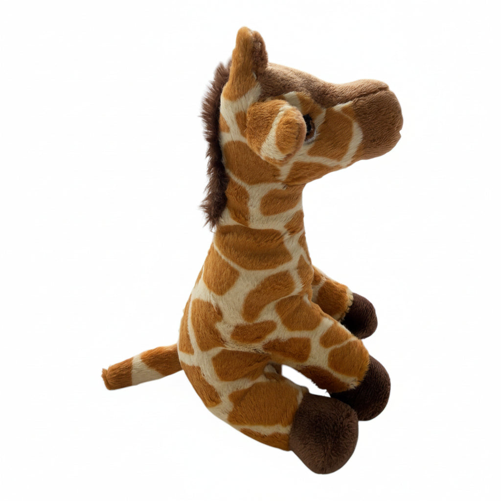 A plush giraffe toy with a brown and cream pattern, sitting on a plain white background.