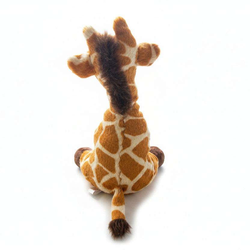 A plush giraffe toy shown from the back, featuring a brown body with cream-colored reticulated patterns and a dark brown mane, isolated on a white background.