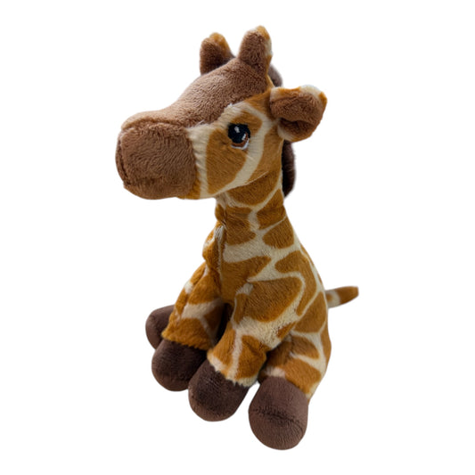 A small plush giraffe toy with a brown and cream pattern, sitting against a plain white background.