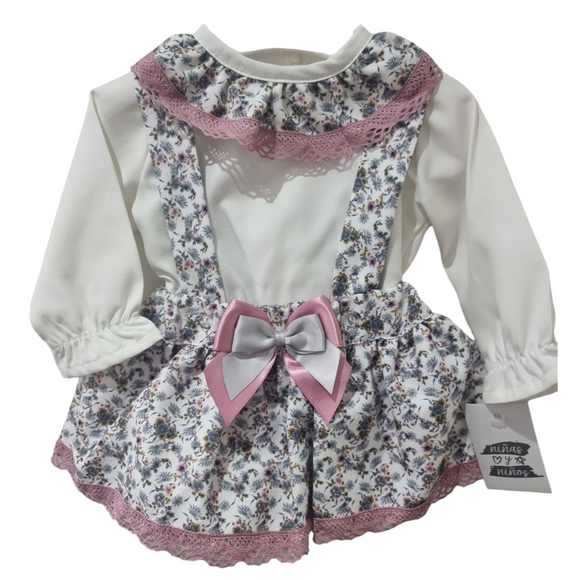 Ninas Y Ninos Pink/Grey Floral Skirt & Frill Neck Blouse Set
