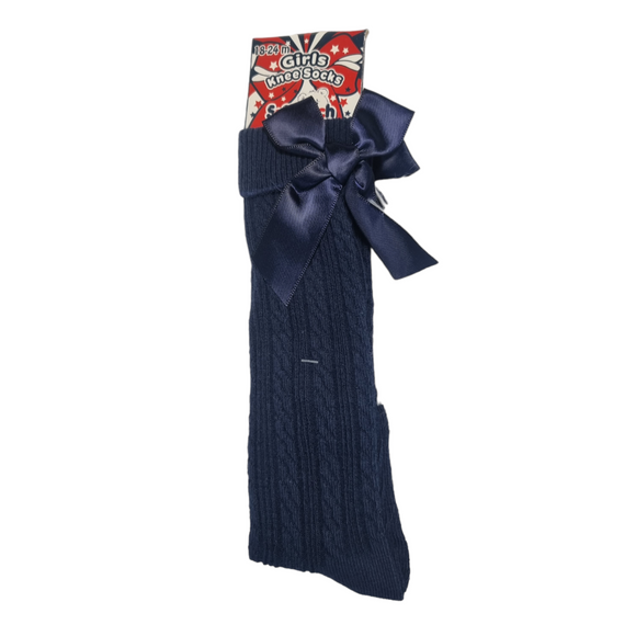 Soft Touch Knee Length Socks With Satin Ribbon On The Side Navy