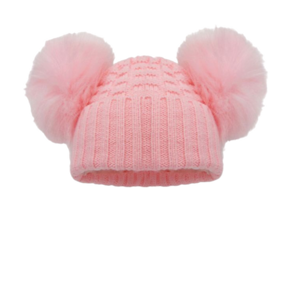 Soft Touch Honeycomb Knit Turnup Pompom Hat Pink
