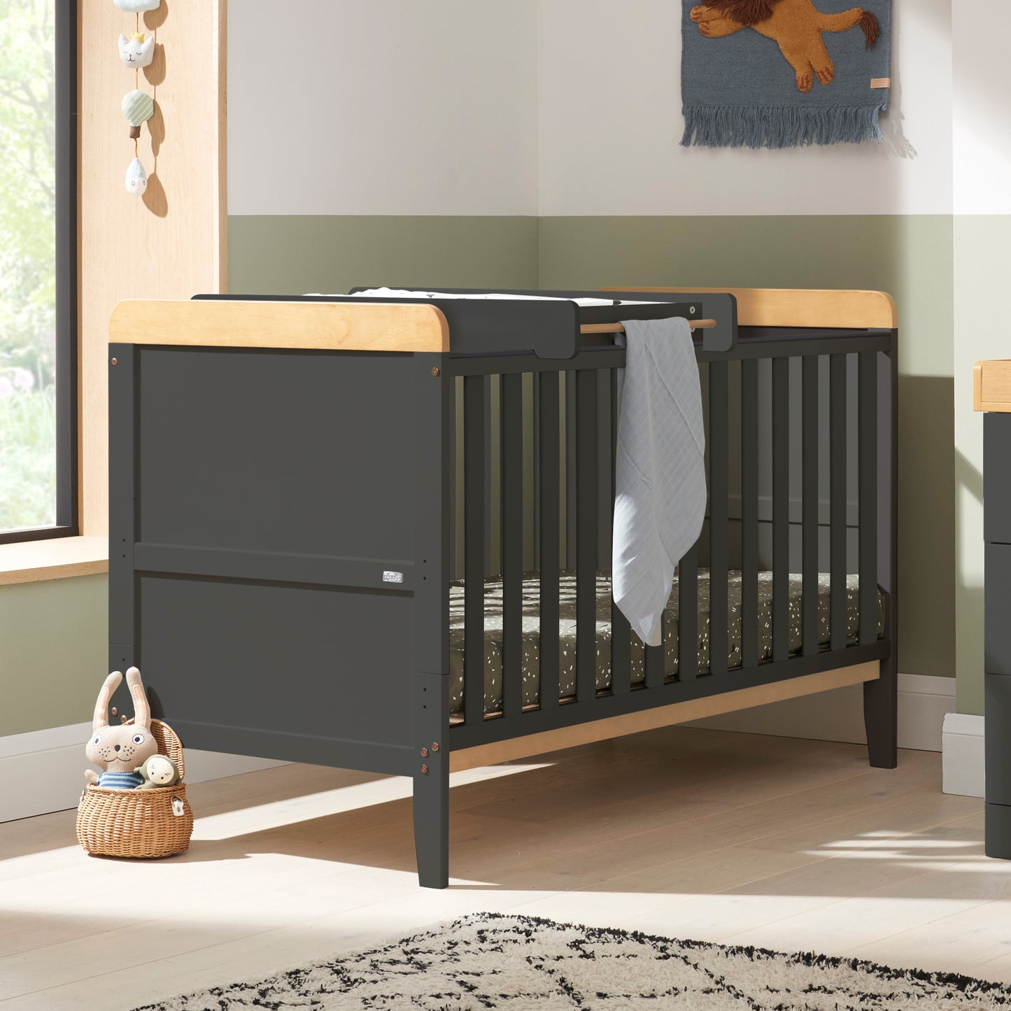 Tutti Bambini Rio Cot Bed with Cot Top Changer & Mattress Slate Grey and Oak