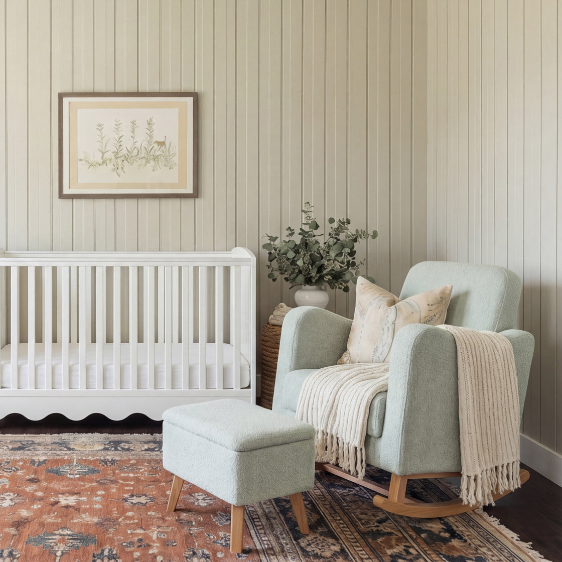Bebe & Beyond Soother Nursing Chair + Stool – Boucle Collection Sage