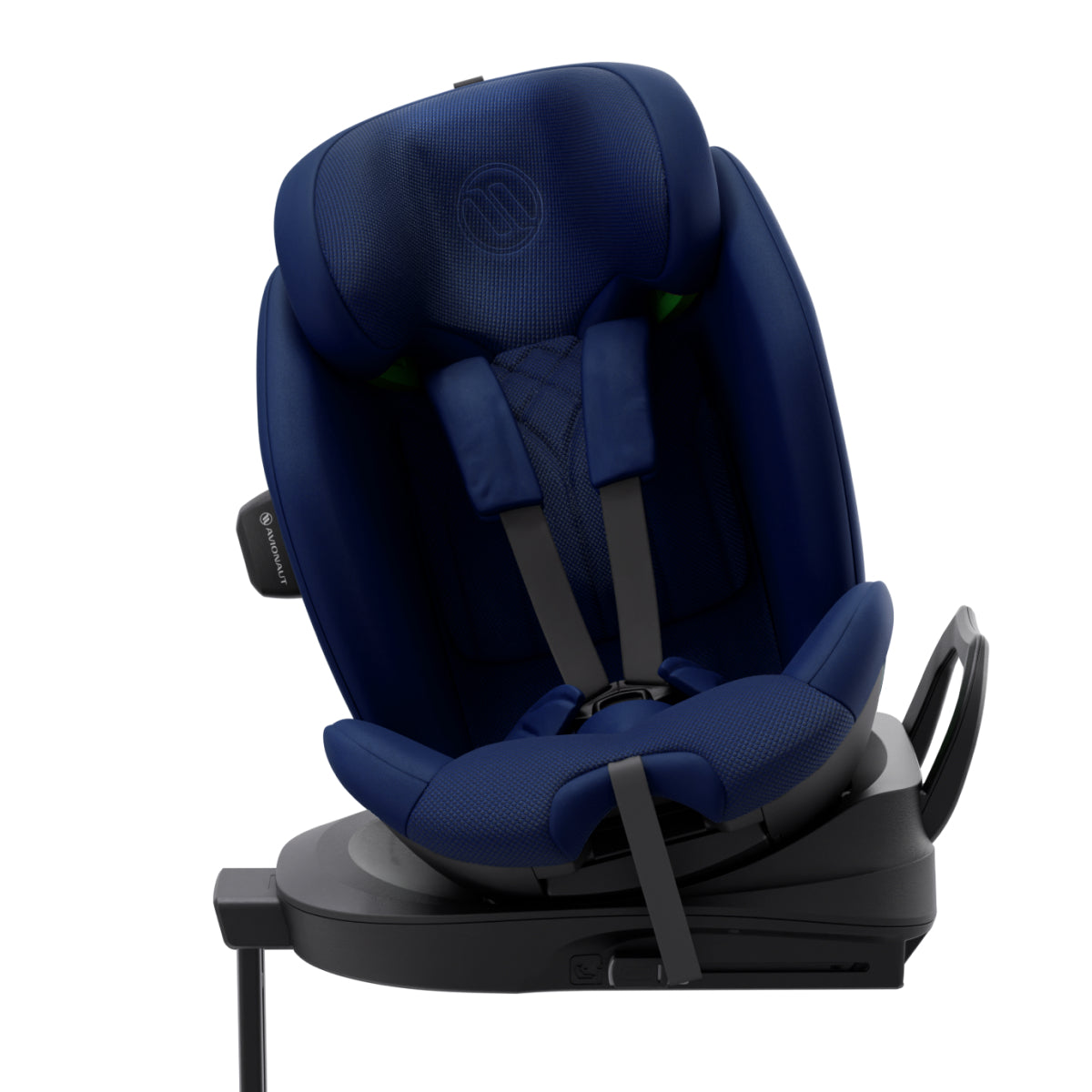Blue car seat with black base on a white background