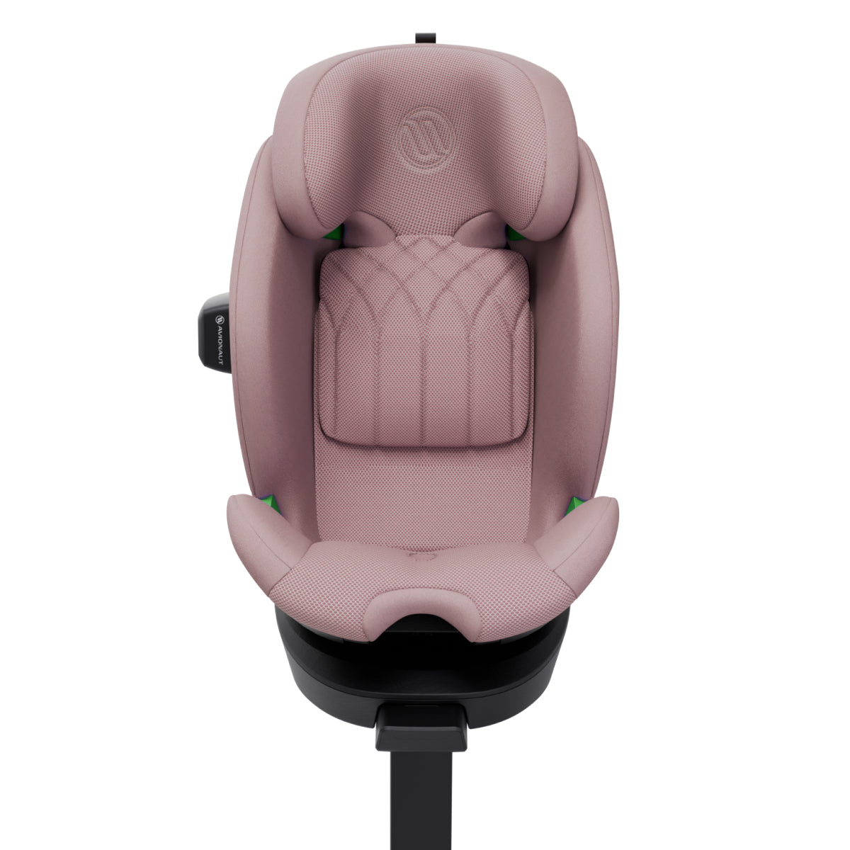 Pink car seat with a visible brand logo on a white background