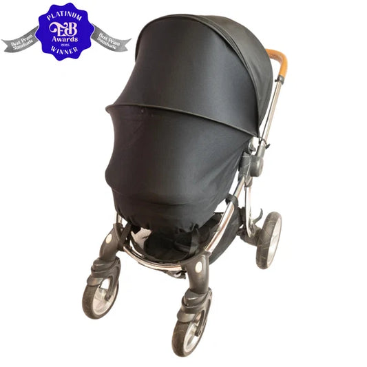 Black stroller with a visible award badge on a white background