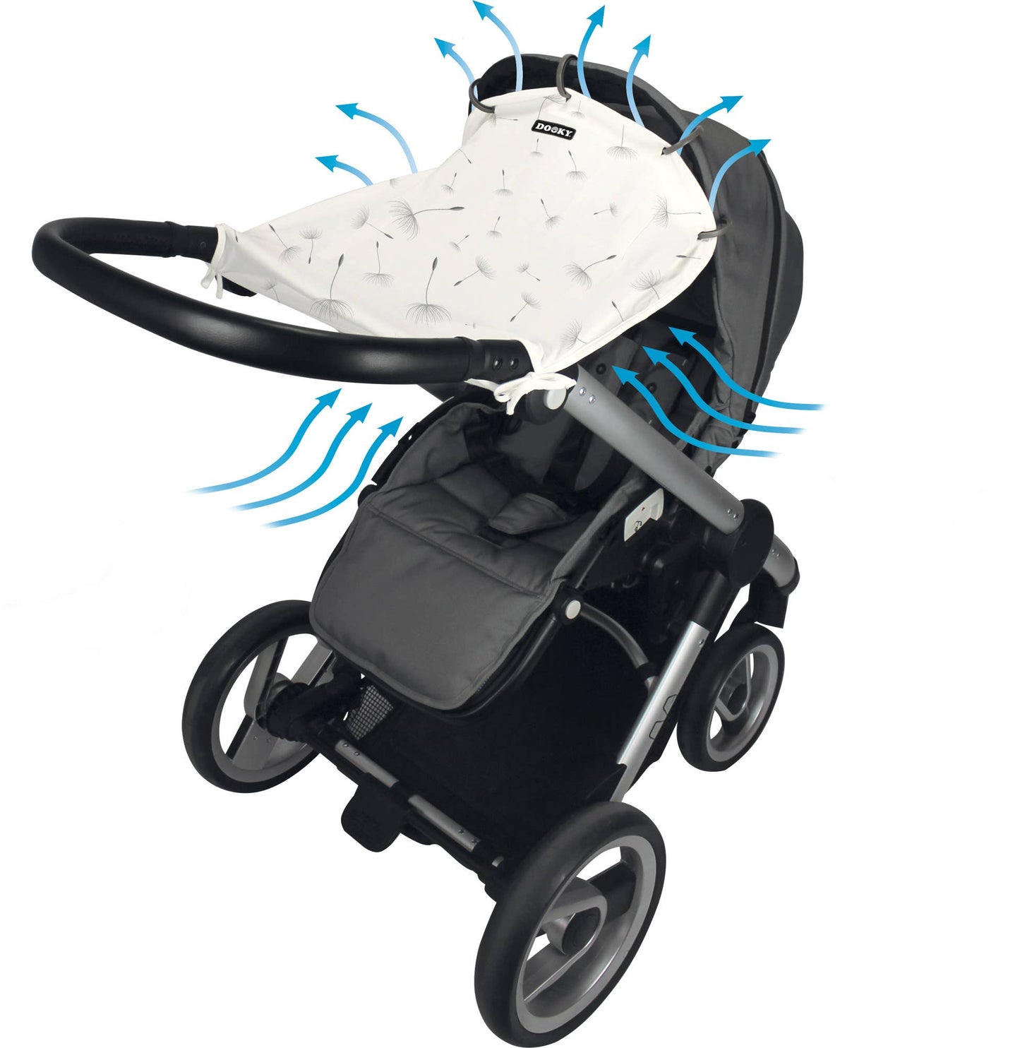 Black stroller with a white canopy and blue arrows indicating airflow on a white background