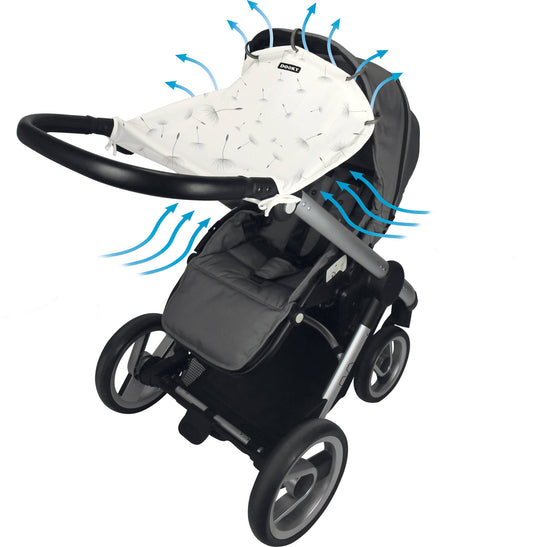 Black stroller with a white canopy and blue arrows indicating airflow on a white background