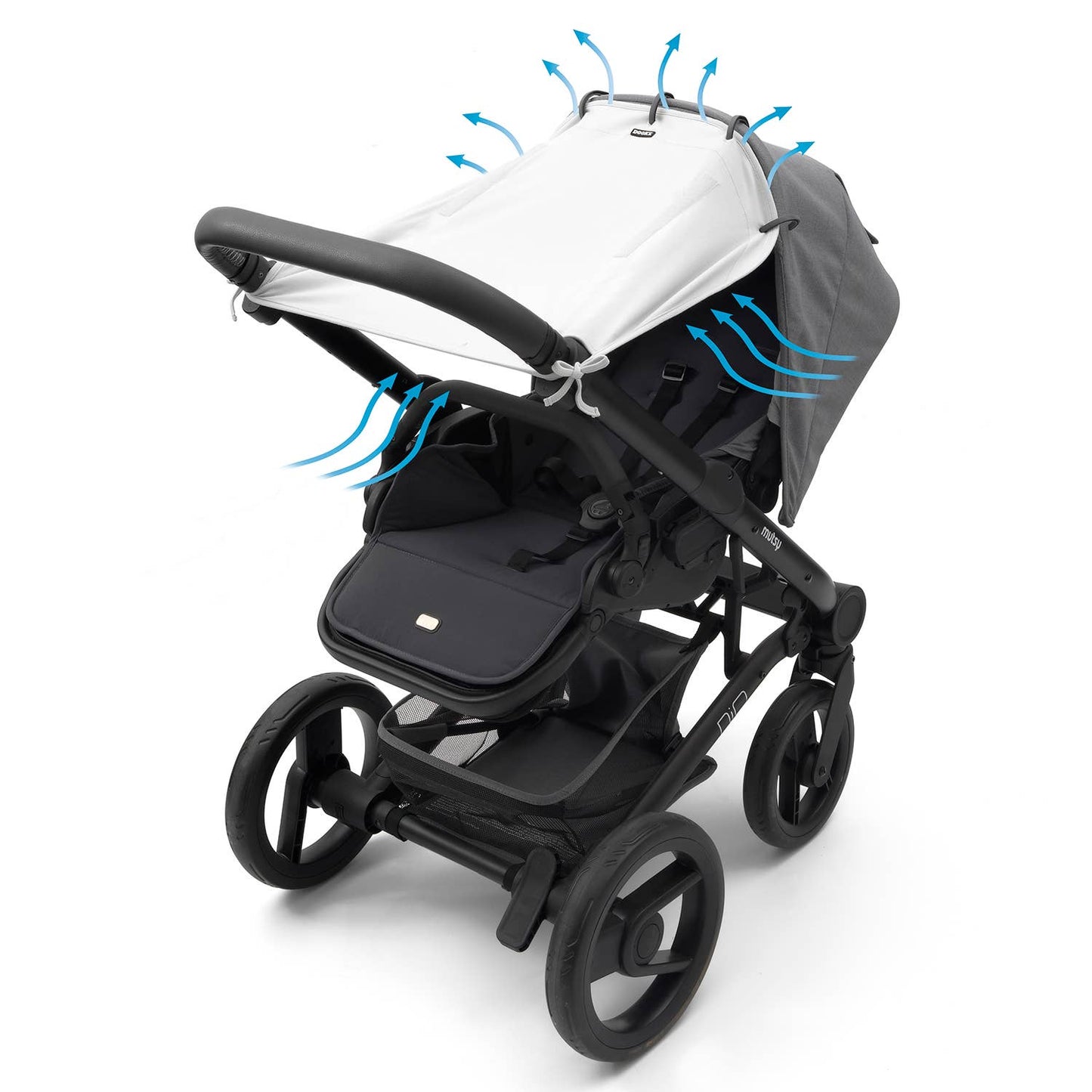 Black stroller with a transparent canopy and blue airflow indicators on a white background