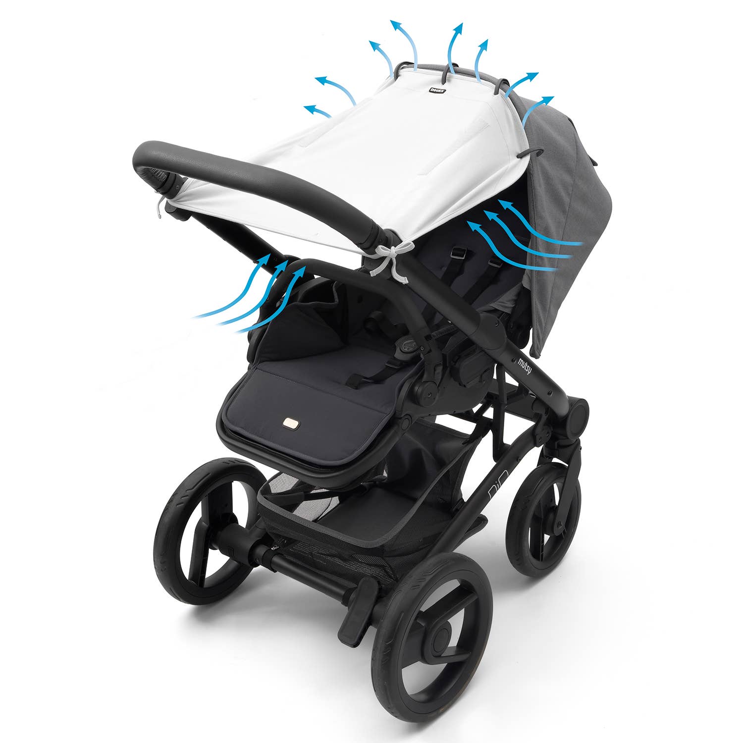 Black stroller with a transparent canopy and blue airflow indicators on a white background