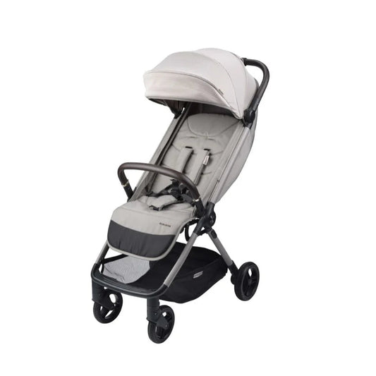 A compact Bababing Ori auto fold stroller in almond color with a black frame, shown in an unfolded position.
