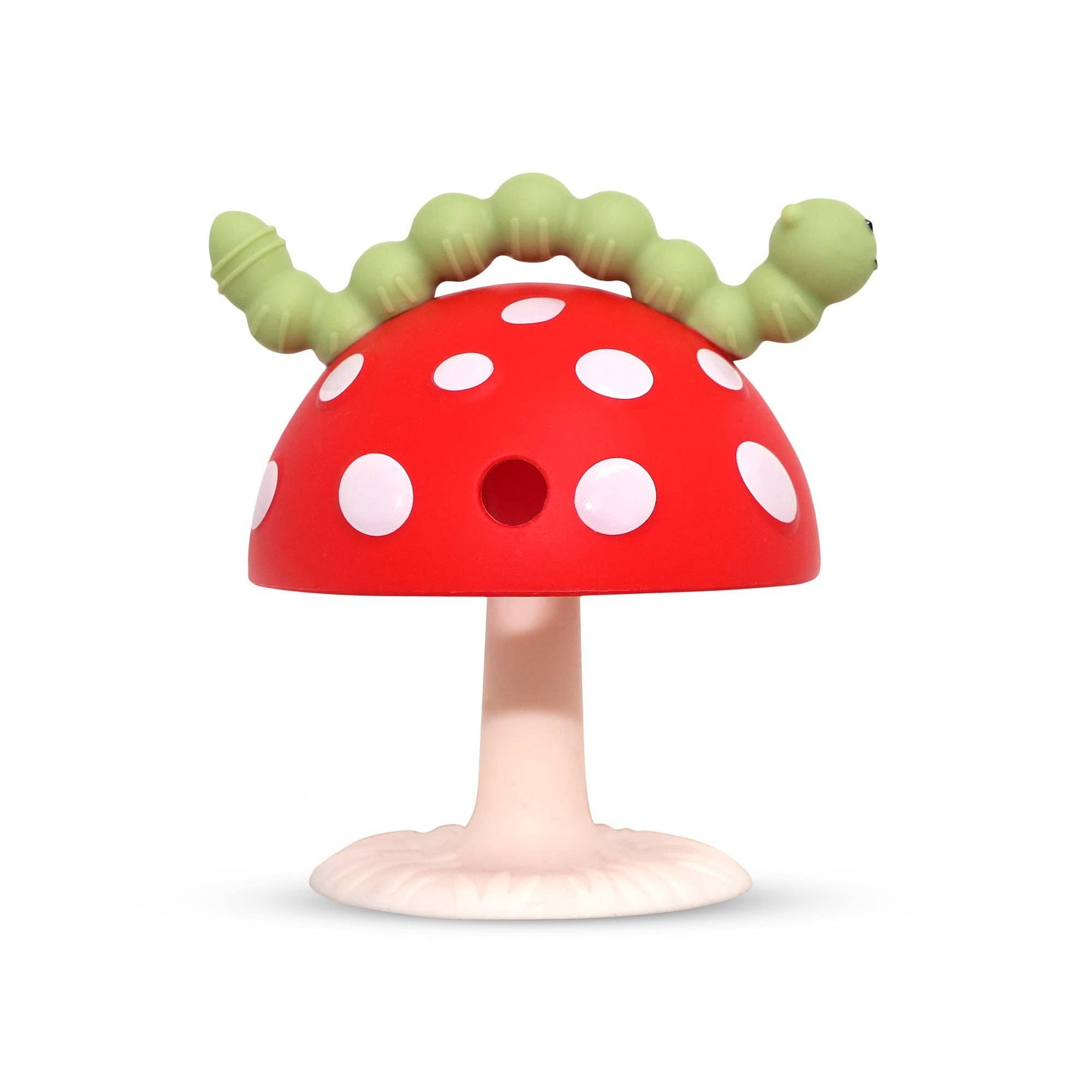 Toy mushroom teether with green caterpillar on a white background