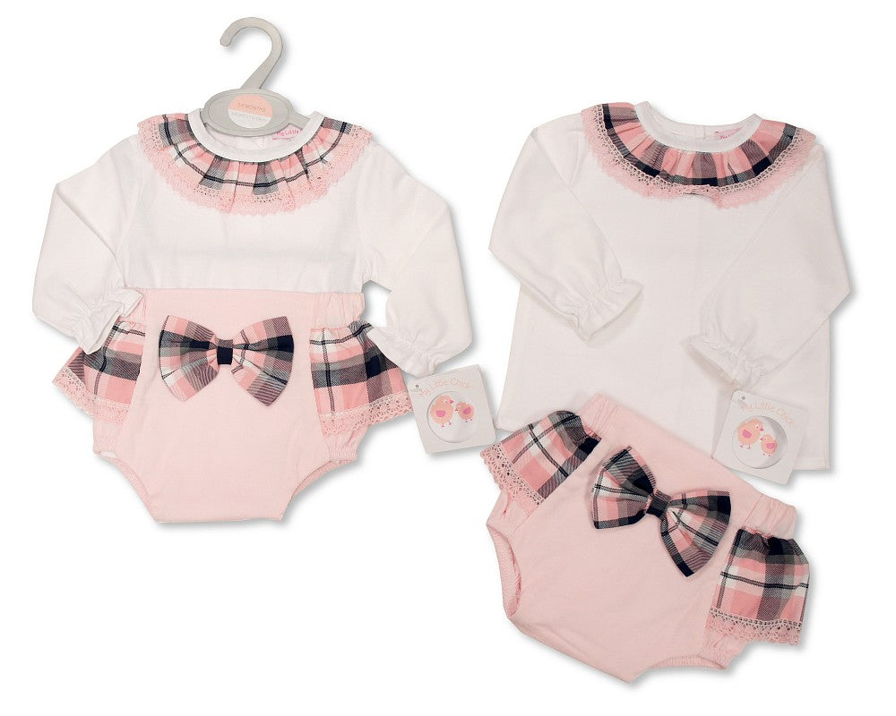 My Little Chick Baby Girls Tartan 2 pcs Set with Lace and Bows