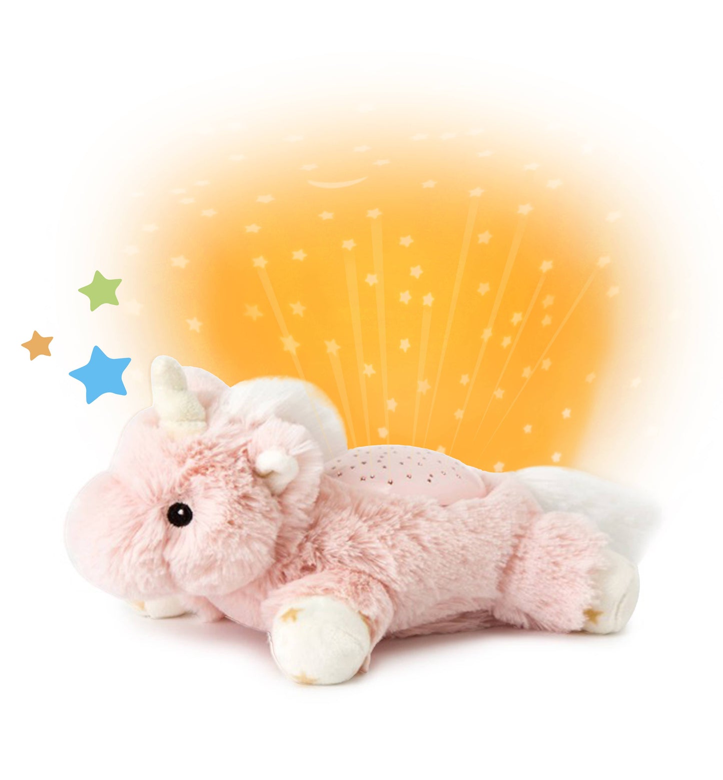 Pink unicorn plush toy with a starlight projector on a white background