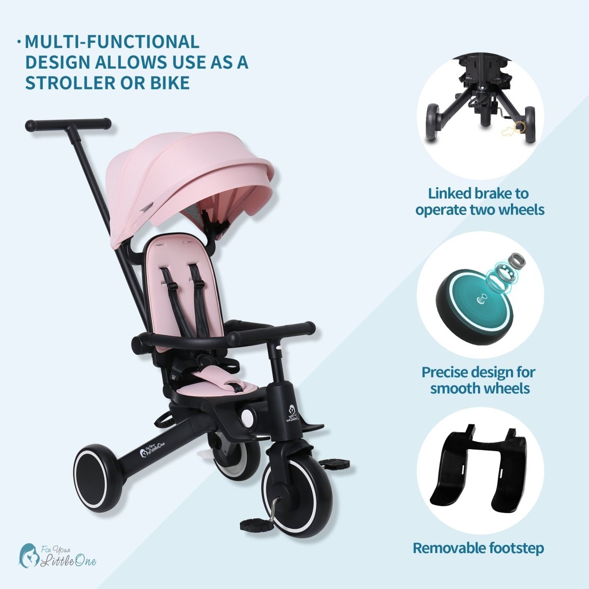 Foryourlittleone Xplor Ultimate 6 in 1 Foldable Trike - Pastel Pink (10m-4y)
