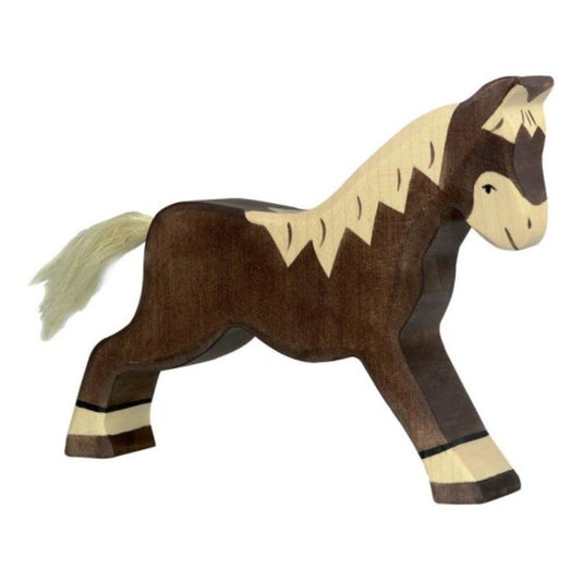 Wooden horse toy with brown and beige coloring on a white background