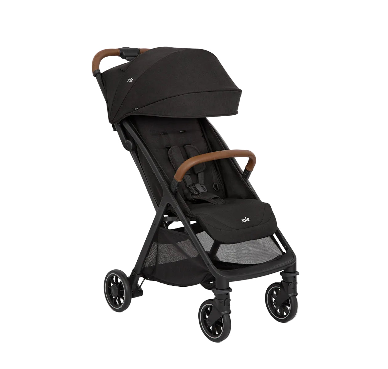Black stroller with brown handles on a white background