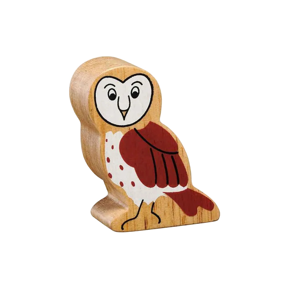 Wooden owl toy with a white face and brown wings on a white background, featuring Lanka Kade logo.