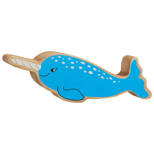 Wooden toy narwhal with blue body and brown head on a white background