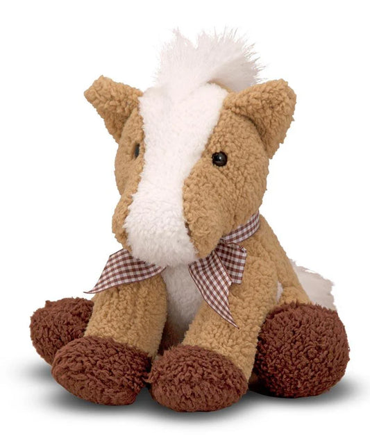 Plush fox toy with a checkered ribbon on a white background