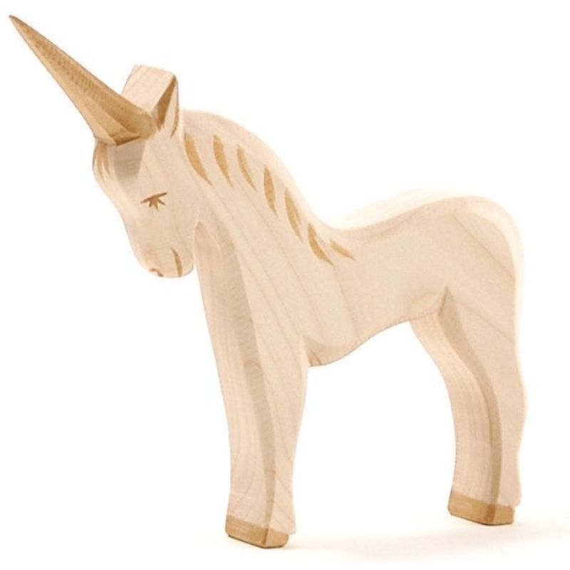 Wooden unicorn figurine on a white background