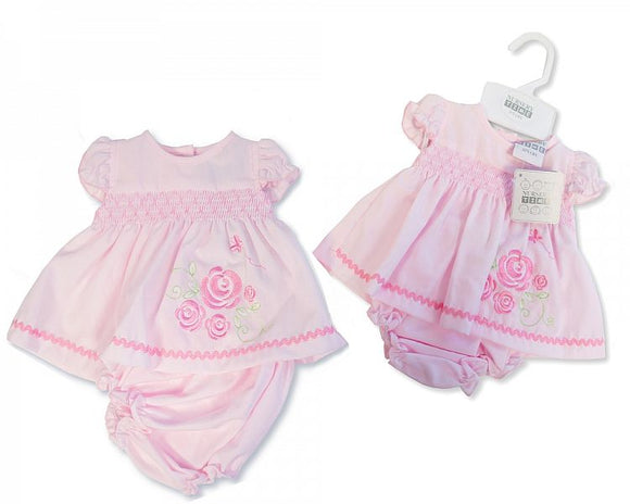 Nursery Time Premature Smocked Baby Dress with Flowers Embroidery - Pink