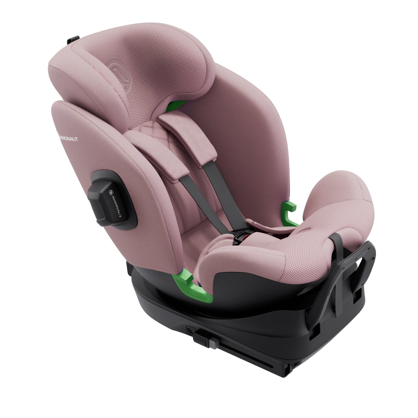 Pink car seat with black base on a white background