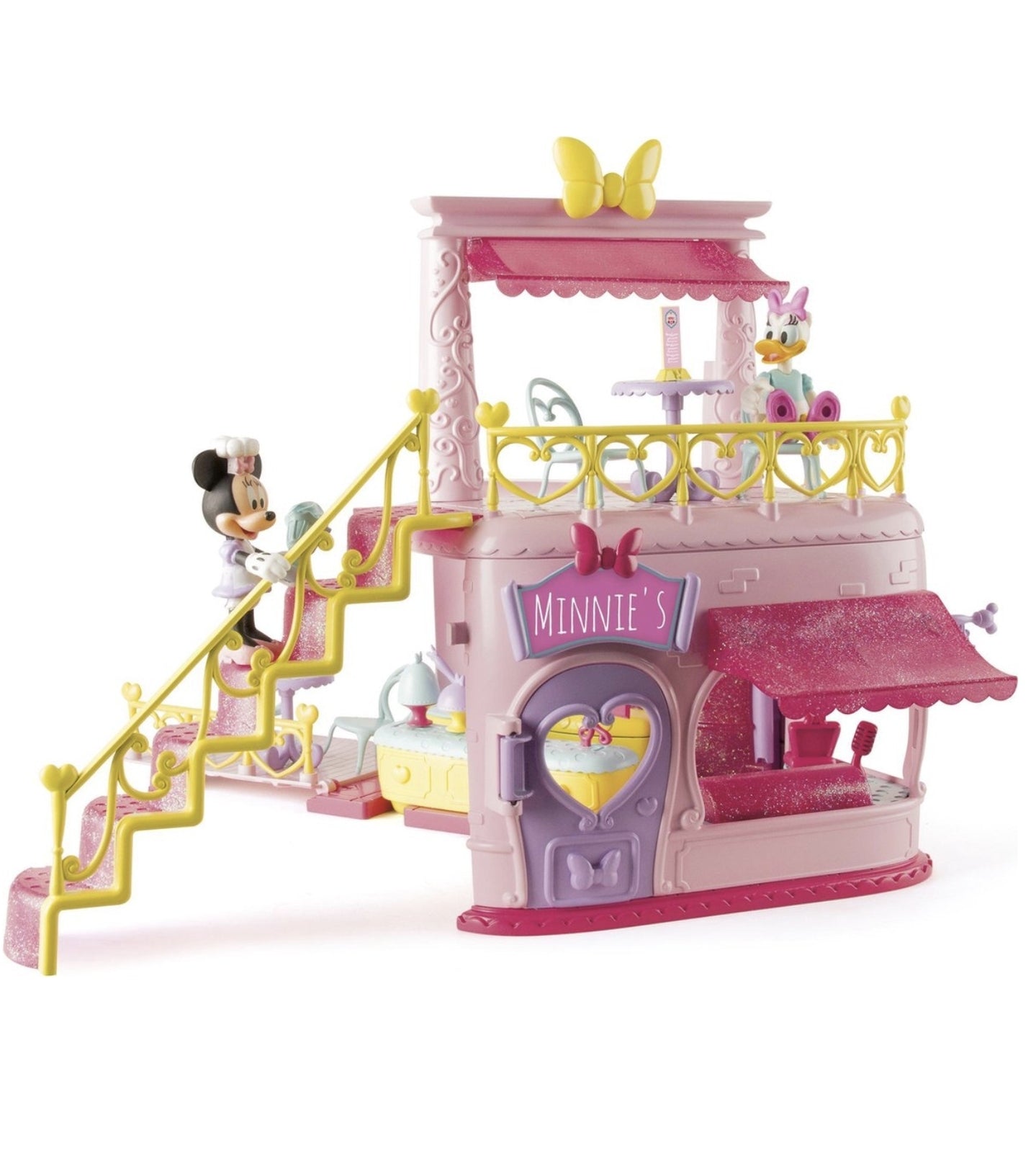 Toy playset with pink and yellow accents featuring characters on a white background