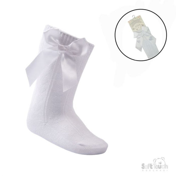 Soft Touch Knee Length Socks with Satin Side Bow White