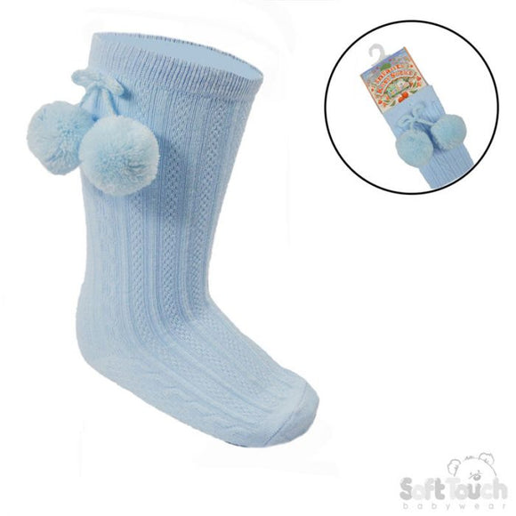 Soft Touch Knee Length Socks with Pom Pom Blue