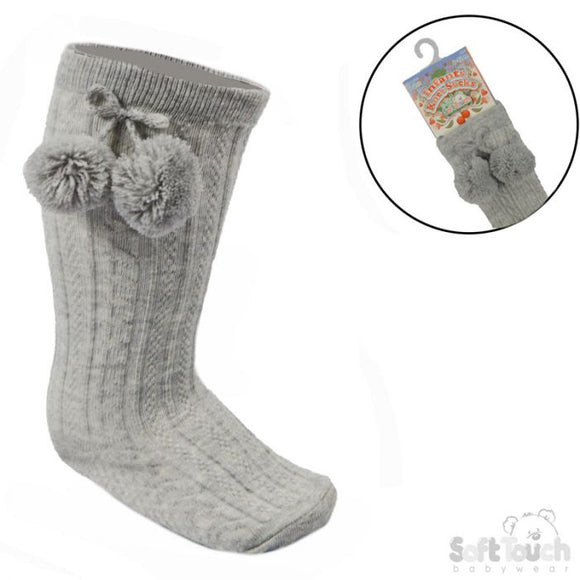 Soft Touch Knee Length Socks with Pom Pom Grey