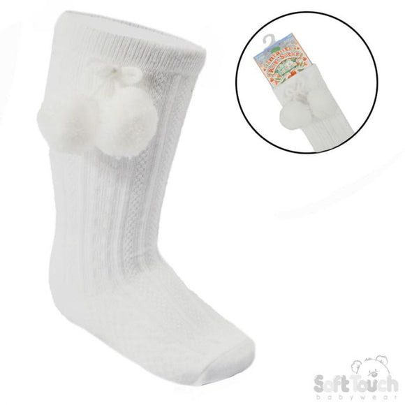 Soft Touch Knee Length Socks with Pom Pom White