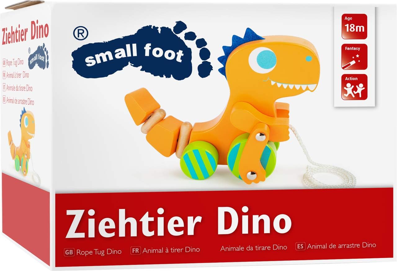 Wooden pull toy in orange dinosaur shape with wheels – Small Foot brand in the box
