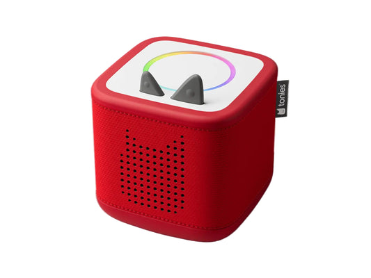 Red cube-shaped speaker with a colorful display on a white background