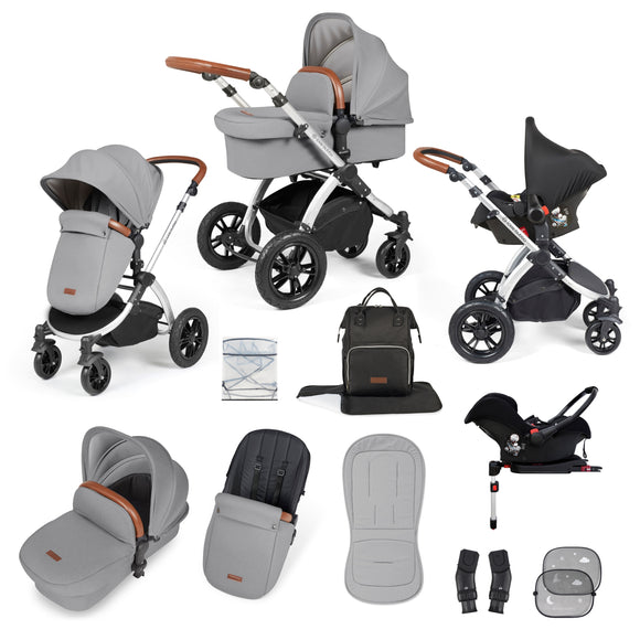 Ickle Bubba Stomp Luxe All-in-One Travel System With Isofix Base (Galaxy) Pearl Grey On Silver