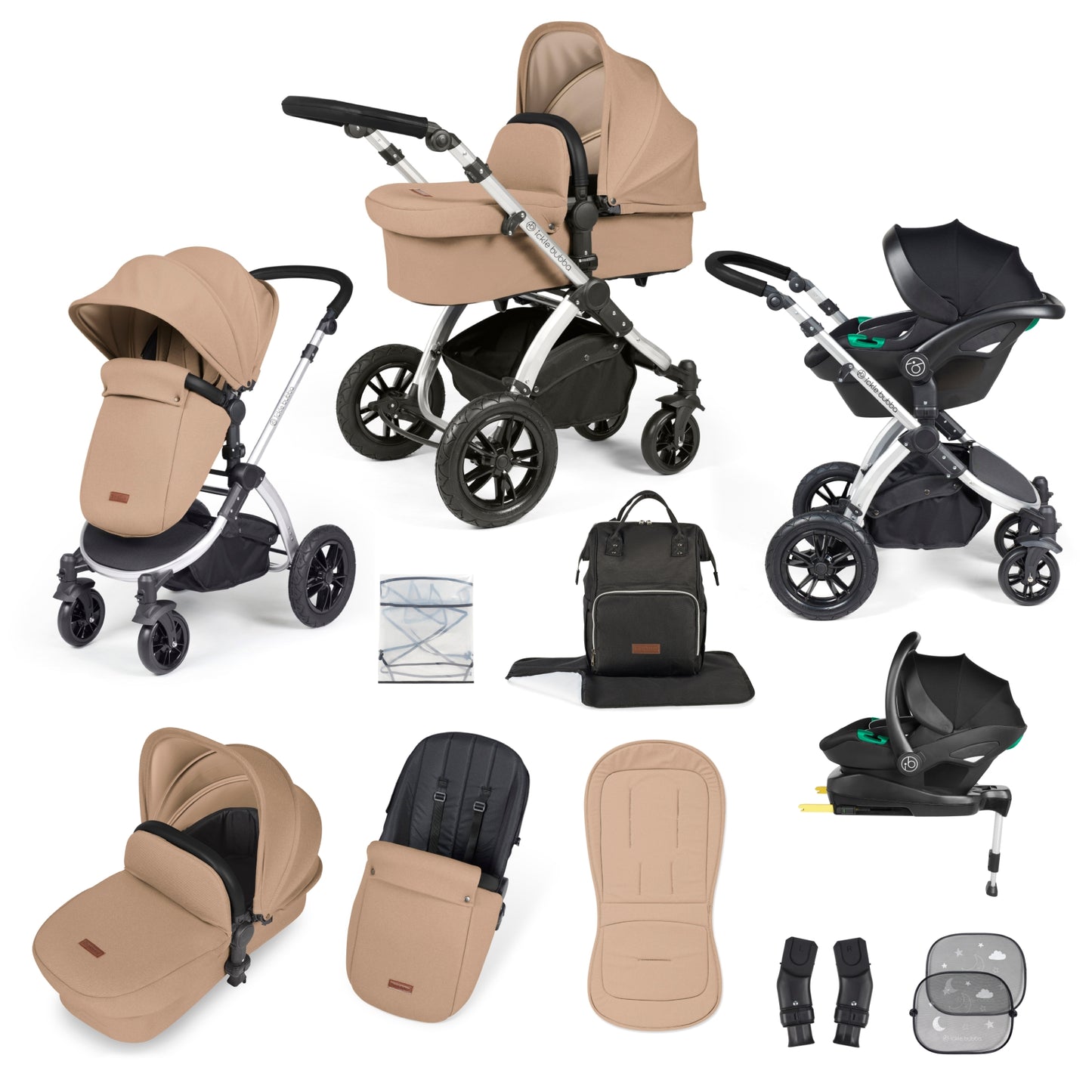 Ickle Bubba Stomp Luxe All-in-One I Size Travel System With Isofix Base (Stratus) Desert on Silver