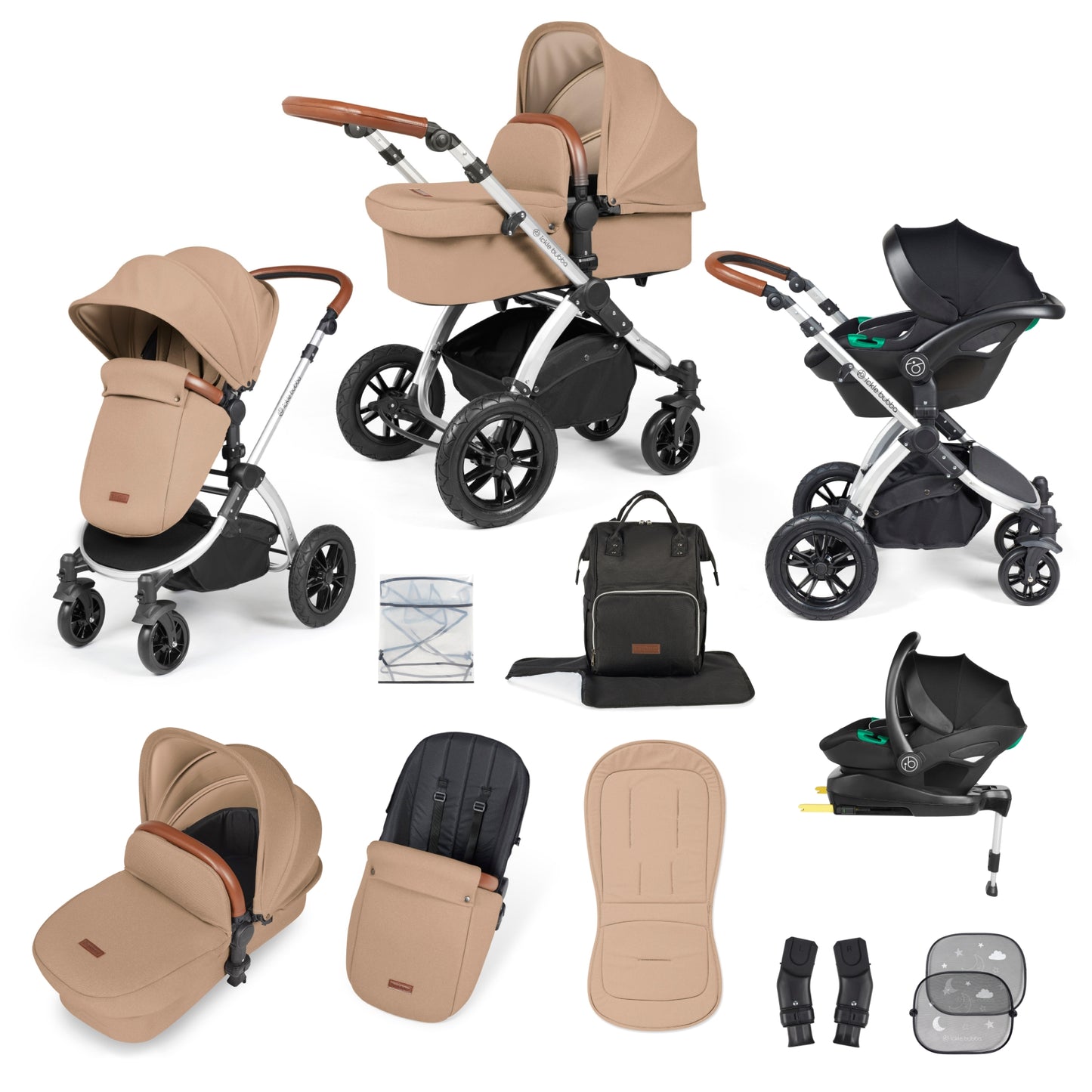 Ickle Bubba Stomp Luxe All-in-One I Size Travel System With Isofix Base (Stratus) Desert on Silver