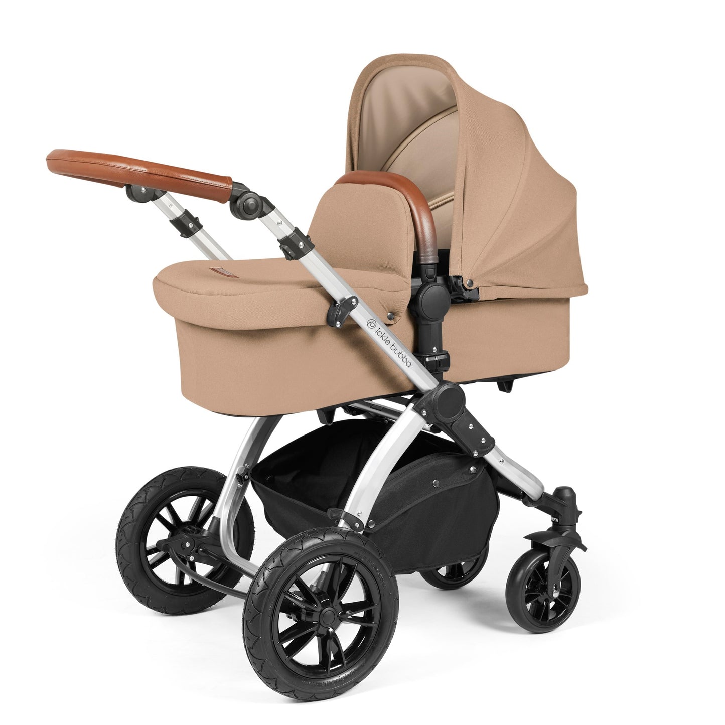 Ickle Bubba Stomp Luxe 12 Piece Travel System with i-Size Cirrus Car Seat & ISOFIX Base Desert on Silver