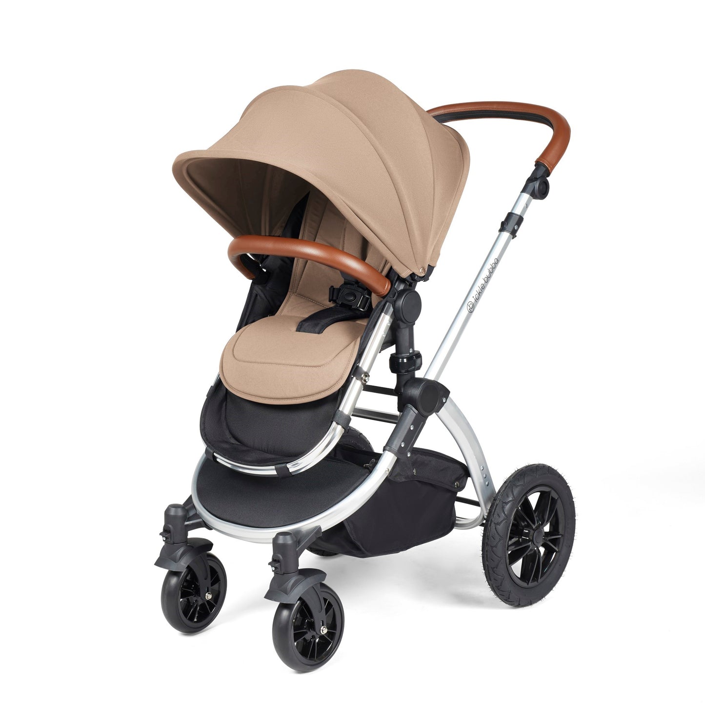 Ickle Bubba Stomp Luxe 12 Piece Travel System with i-Size Cirrus Car Seat & ISOFIX Base Desert on Silver