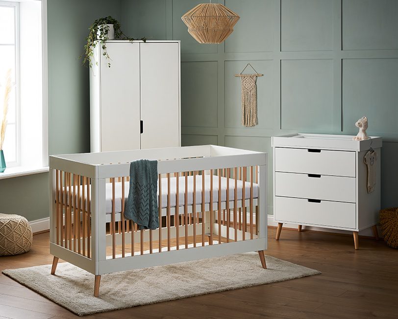 Obaby Maya 3 Piece Room Set - White With Natural Cot Bed