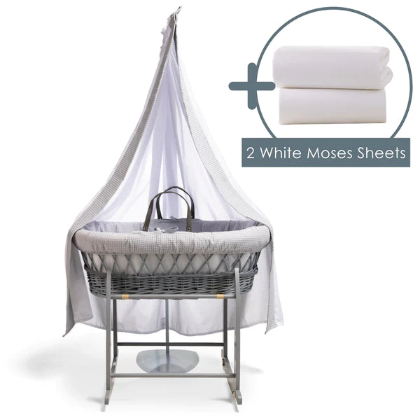 Clair-de-lune Waffle Grey Wicker Moses Basket Starter Set & Deluxe Drape