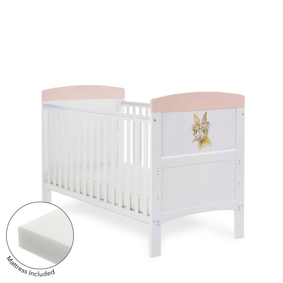 Obaby Grace Inspire Cot Bed & Fibre Mattress Watercolour Rabbit Pink