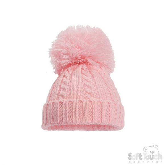 Soft Touch 'Elegance' Cable Knit Hat with Pompom -- Small Pink