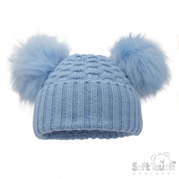 Soft Touch Honeycomb Knit Turnup Pompom Hat Blue